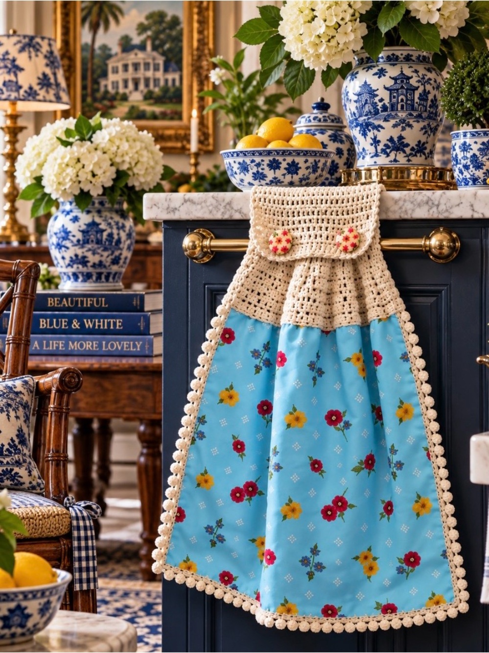 Pioneer Woman Robin Egg Blue Floral Crochet Hanging Kitchen Towel
